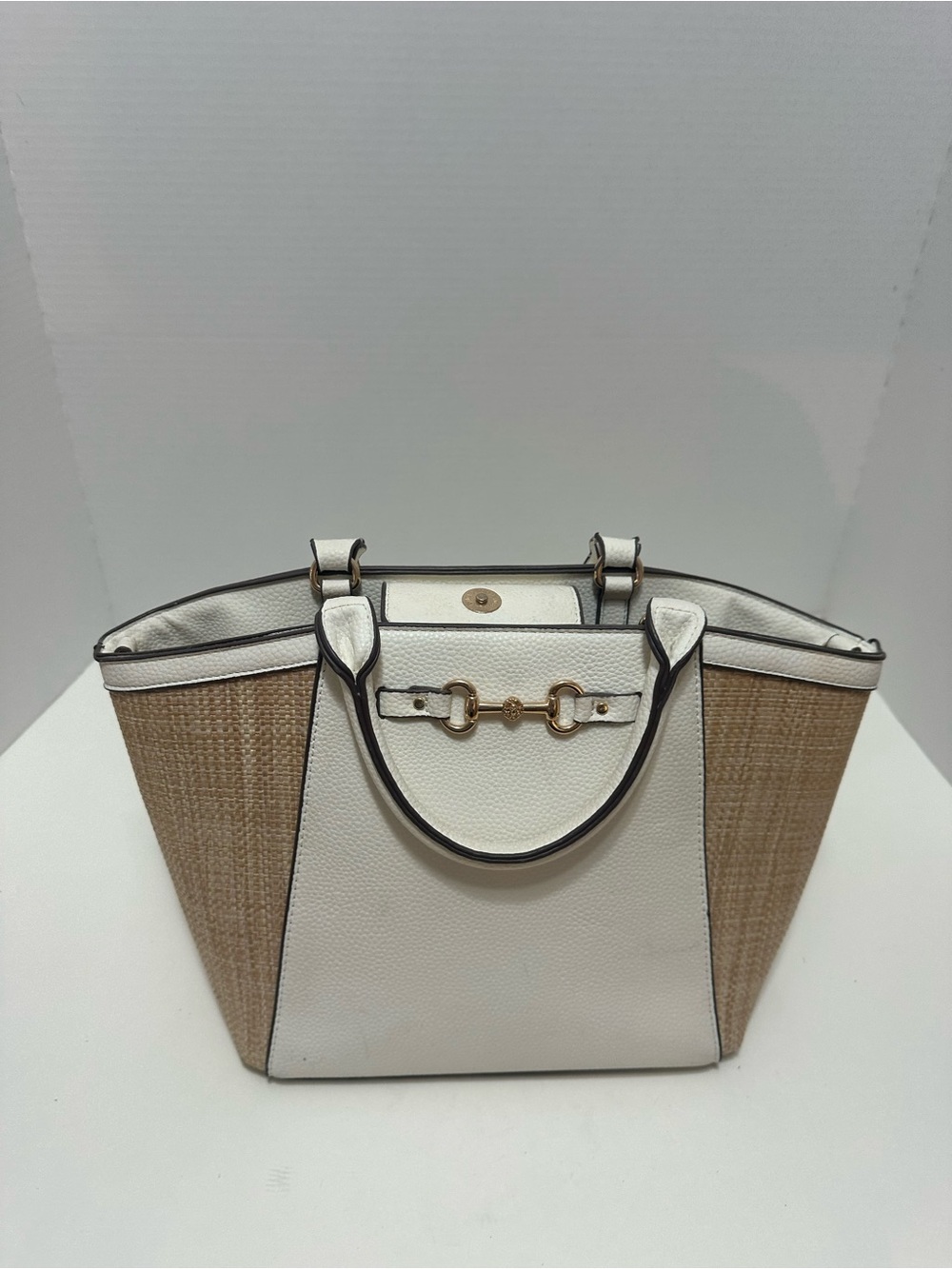 Anne Klein White & Natural Woven Tote with Gold Accent